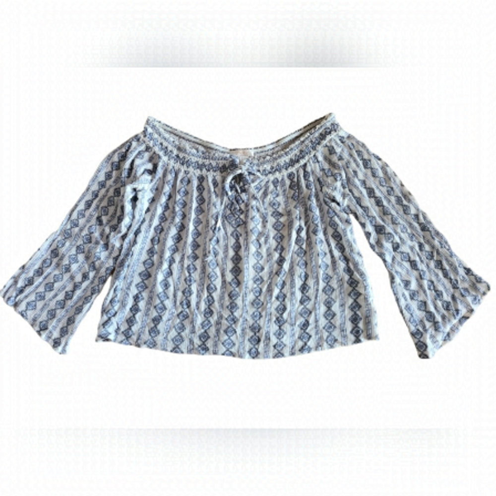 Forever 21 Off the Shoulder Boho Peasant Blouse in Blue & White- M
